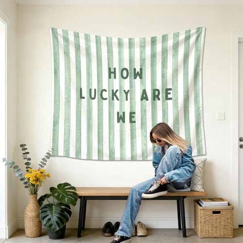 gsgfdshf How Lucky Are We Wall Tapestry, Sage Green Nursery Decor, Green Striped Positive Motivational Tapestry Wall Hanging for Bedroom Home Kids Room Classroom Decor, 50x60 Inch - color: Landscape Text-Tapestry-A