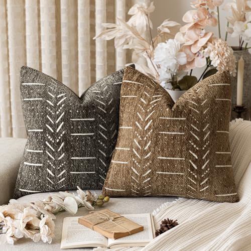 Home Décor Decorative Boho Accent Chenille Throw Pillow Covers, Textured Neutral Cushion Covers, Soft Farmhouse Pillowcase for Couch Sofa Bed Living Room, 18×18 Inch, Set of 2, Brown Orange - color: Lion, size: 18" x 18" (Pack of 2)