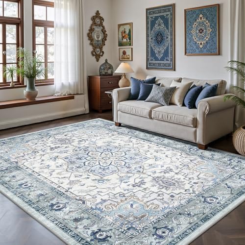 5x7 Area Rugs - Washable Rug Vintage Distress Boho Medallion Rugs for Living Room, Soft Non-Slip Backing Low Pile Carpet for Bedroom Dining Room Office Nursery Dorm Home, Blue Grey Purple - color: C- Blue/Grey/Purple, size: 5' x 7' (Rectangular)