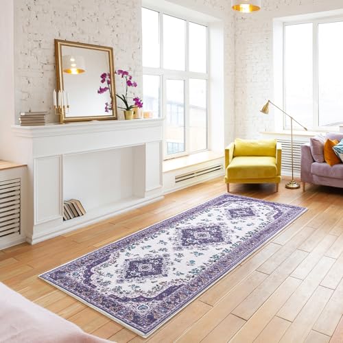HOMORE Vintage Runner Rug-2x6 Hallway Runner Rug for Entryway Non Slip Washable Bedroom Rug Faux Wool Lavender Floor Carpet Runner for Kitchen Indoor Front Entrance Laundry Living Room Dorm, Purple - color: Purple, size: 2' x 6' (Rectangular)