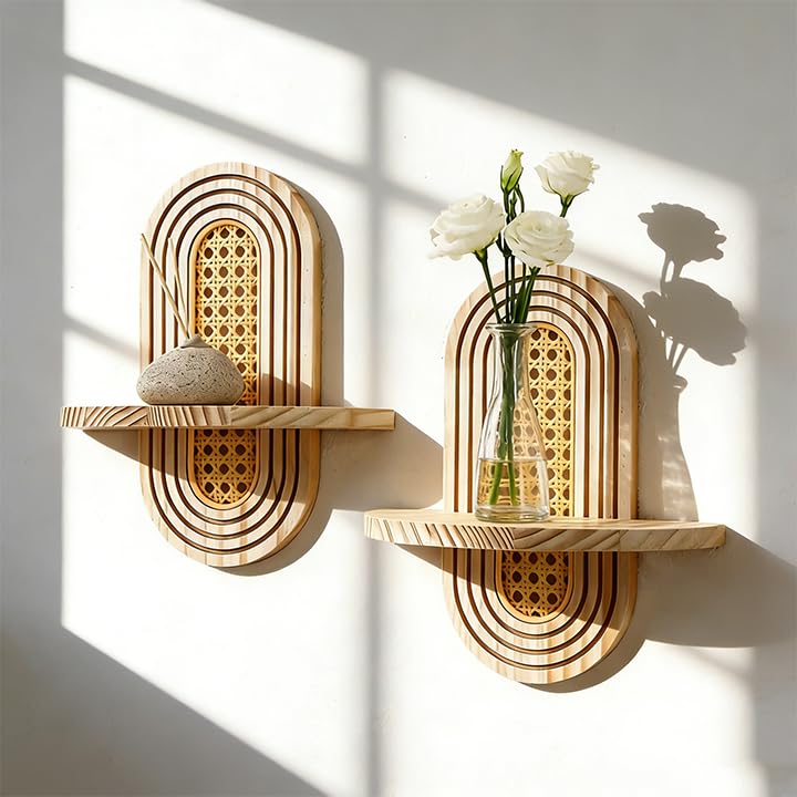 Artilady 2 Pack Boho Shelves Wall Decor - Natural Rattan Solid Wood Floating Shelf Rainbow Arch 2 Tier Trinket Plant Storage Rack Modern Wall Art for Bedroom Nursery Bathroom Office - color: Rattan Burlywood