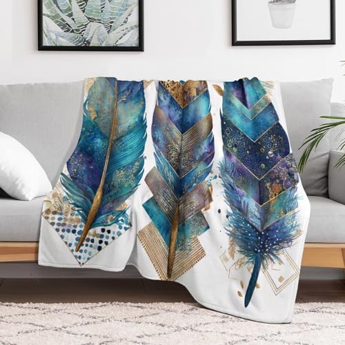 Blanket Bohemian Feather Leaf Throw Blanket for Women Men, 30"x40" Vintage Gold Geometry Plush Flannel Throws, Decor for Bed Couch Bedroom - color: Bohemian Feather Leaf, size: 30"x40"