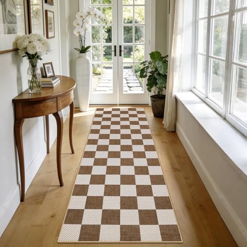 GarveeHome Checkered Terracotta Brown 2x6 Washable Kitchen Runner Rug Geometric Diamond Dot Modern Neutral Boho Soft Low-Pile Long Rug for Bedroom Hallways Entryway Non-Slip TPE Backing - color: Terracotta Brown, size: 2' x 6' (Runner)