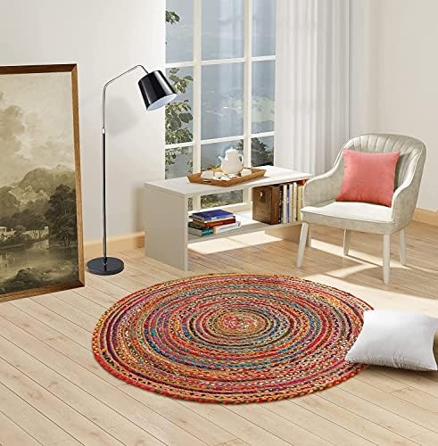 GRUHUM Round 9ft Handwoven Jute Cotton Bohemian Area Rug with Multi Color Braided Rustic Vintage Eco Friendly Design for Indoor Outdoor Living Room Hallway - color: Multi Color- 06, size: 9' (Round)
