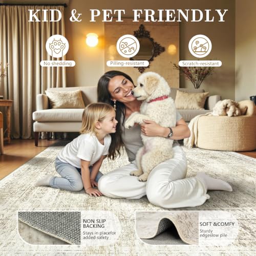 6x9 Area Rugs, Washable Vintage Retro Floral Rug for Living Room, Low Pile Non Slip Distressed Large Carpet for Bedroom, Dining Room, Office, Home (Beige) - color: I-beige, size: 6' x 9' (Rectangular)