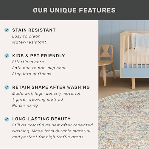Hazo Haus Classic 7ft Round Beige Blue Rugs for Living Room - Washable Non Slip Floral Area Rugs for Bedroom, Dining Under Table, Kids Room, Home Office, Vintage Indoor Décor - color: Beige Blue, size: 7' (Round)