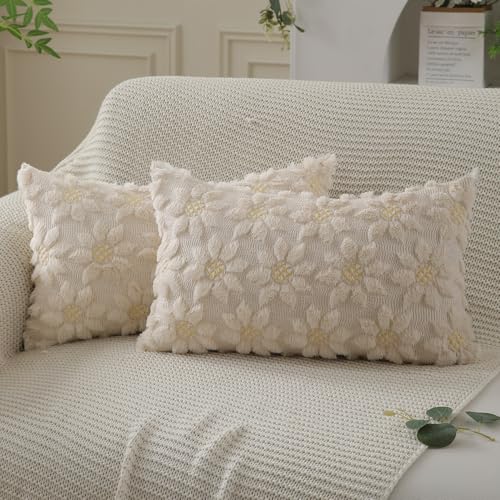 DFXSZ Spring Summer Pillow Covers 12x20 inch Set of 2 Farmhouse Decor Yellow Flower Heart Sunflower Beige Soft Plush Faux Fur Jacquard Throw Pillows for Sofa Holiday Spring Home Decor PTK024E12 - color: Beige, size: 20" x 12" (Pack of 2)
