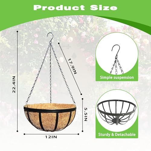 2 Pack 12 Inch Black Metal Hanging Basket Hanging Planter with Coco Coir Liner Heavy Duty Hanging Flower Pot Holder for Indoor Outdoor Patio Garden Porch Balcony Decor (Flat Iron) - color: Flat Iron