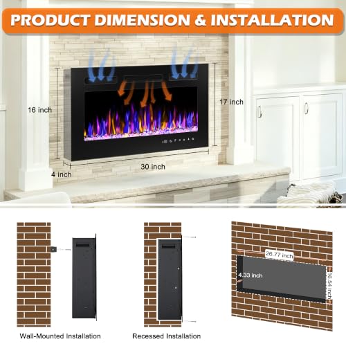 BETELNUT 30" Electric Fireplace Wall Mounted and Recessed with Remote Control, 750/1500W Ultra-Thin Wall Fireplace Heater W/Timer Adjustable Flame Color and Brightness, Log Set & Crystal Options - size: 30 Inch