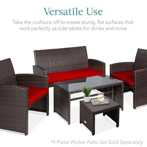 Best Choice Products Set of 2 Wicker Ottomans, Multipurpose Outdoor Furniture for Patio, Backyard, Additional Seating, Footrest, Side Table w/Removable Cushions, Steel Frame - Brown/Red - color: Brown/Red