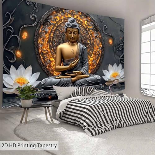 FENDROM Sitting Golden Buddha Tapestry Wall Hanging Buddhist Statue Tapestries White Lotus Meditation Wall Decor Zen Art Psychedelic Indian Wall Blanket for Bedroom Living Room Home Decor - color: Grey, size: 79"L x 59"W