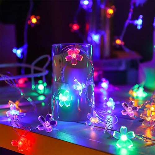 Battery Operated and USB Plug in Fairy Flower String Lights, 10ft 30 LED Cherry Blossom 8 Modes Timer Indoor Bedroom Party Wedding Garden Christmas Easter Tree Hanging Decorations (Multi Colored) - color: 10ft Multicolor Flower Lights