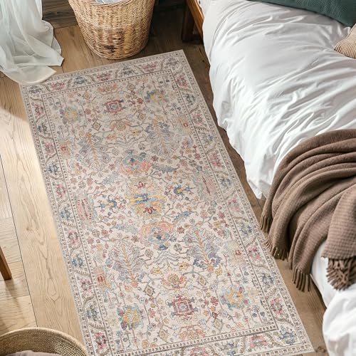Bavni Area Rug 3x5, Non-Slip Washable Rugs for Living Room Office, Boho Distressed Printed Rug, Low Pile Foldable Decorative Carpet for Bedroom Kitchen Office, Retro Multi - color: Retro Multi, size: 3' x 5' (Rectangular)