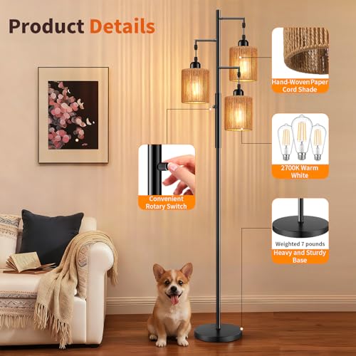 Hotsonic 72" Tall Boho Rattan Style Floor Lamp with Hand-Woven Paper Cord Shade, Dimmable Industrial Tree Standing Lamp for Living Room, Bedroom, Study Room, Office (3 x 800LM Bulbs Included) - Black - color: Black+Light Brown