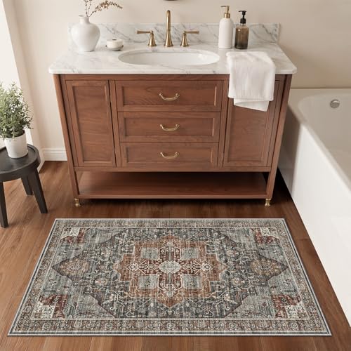 Roxstand Washable Runner Rug 2x4 - Vintage Non-Slip Small Area Rugs for Entryway, Low-Pile Stain Resistant Indoor Rug for Laundry Room Kitchen Bathroom Dining Room (Grey/Brown/Tan) - color: Grey/Brown/Tan, size: 2'x4'
