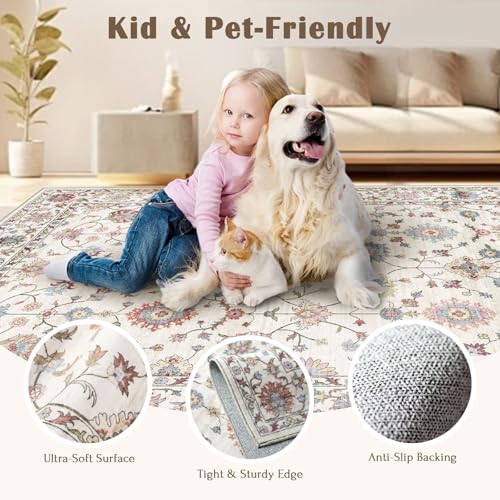 LUXRUG Washable Round Area Rug 4ft - Cream Colorful Traditional Floral Boho Living Room Circle Rug 4x4 Non-Slip Carpet Soft Vintage Bohemian Round Rugs for Bedroom Bathroom Kitchen Nursery - color: Cream Multi, size: 4' (Round)