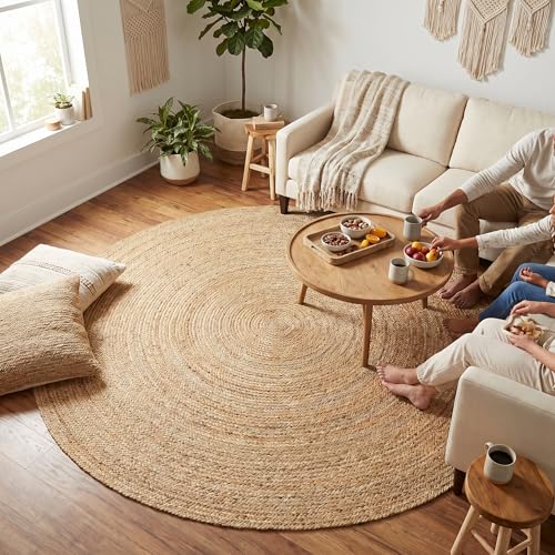 Jute Braided Area Rug, Natural - 8 Feet Round, Boho Neutral Indoor Circle Hand Woven Rugs for Living Room, Bedroom, Nursery, Dining Area | Farmhouse Large Rustic Patio Floor Mat for Coastal Décor - color: Natural, size: 8' (Round)