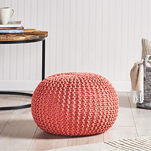 Nahunta Knitted Round Pouf - Cotton - Coral - color: Coral