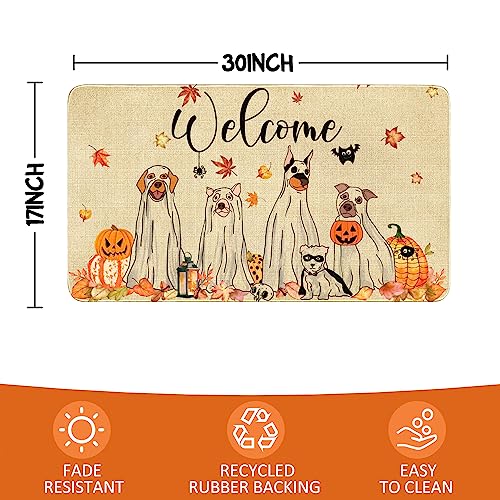 Halloween Fall Door Mat,Halloween Ghost Dogs Pumpkin Outdoor Mats for Front Door,Halloween Indoor Entrance Non-Slip Doormat,Fall Entryway Welcome Rubber Mats for Front Porch Decor 30" x 17" - color: Halloween Ghost Dogs