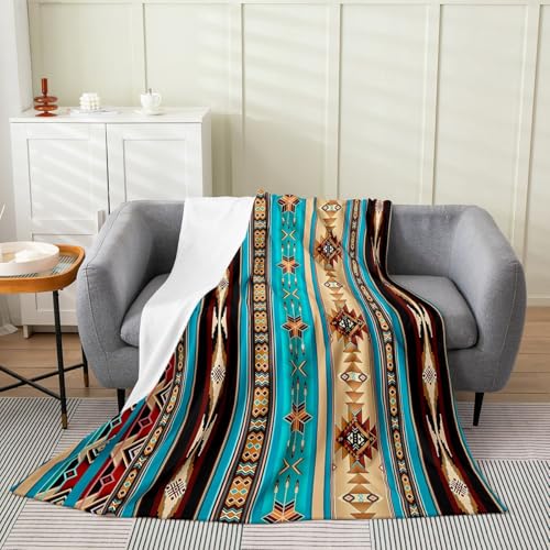 Aztec Flannel Fleece Blanket, Ethnic Tribal Arrow Throw Blanket, Retro Southwestern Native Bohemian Fuzzy Blanket Twin Size, Western Star Geometric Sherpa Blanket Home Dorm Decor, Teal Blue Brown - color: Multi 07, size: Twin