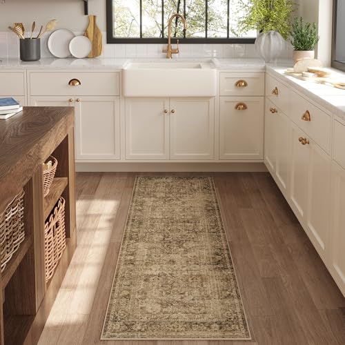 Fmfunctex 2x5 Washable Runner Rug Brown Vintage Neutral Distressed Non Slip Low Pile Indoor Carpet Soft Retro Floral Hallway Entryway Rug for Kitchen Living Room Bedroom Bathroom Laundry Entry Bedside - color: Brown, size: 2' x 5' (Rectangular)