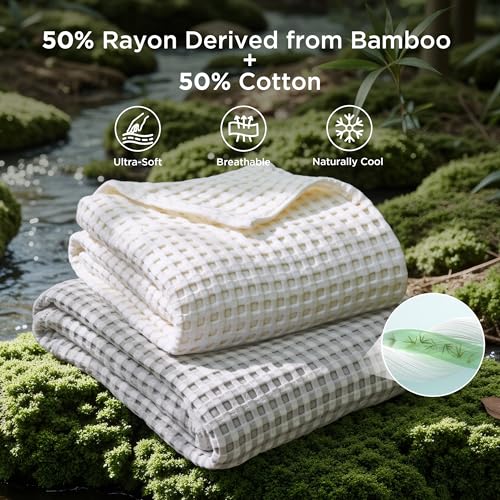 Bedsure Cooling Cotton Waffle Full Size Blanket - Lightweight Breathable Blanket of Rayon Derived from Bamboo for Hot Sleepers, Luxury Throws for Bed, Couch and Sofa, Grey, 80x90 Inches - color: Grey, size: Full (80" X 90")