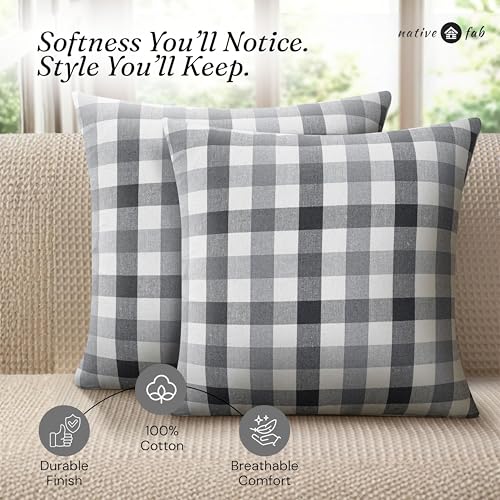 Native Fab Throw Pillow Covers 2 Pack, 20x20 Inches, 100% Cotton, Woven Gingham Plaid, Premium Decorative Cushion Cases, Modern Farmhouse Decor for Living Room, Sofa, Couch, Stone & Charcoal Grey - color: Gingham Stone & Charcoal Grey, size: 20" x 20" (Pa