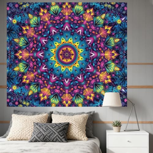 CRAFTYMELODY Mandalas Blacklight Tapestry Glow in the Dark Tapestry UV Reactive Multicolor Mandalas Wall Hanging 59×51 Inch with Hook Self Adhesive Sticker Clip for Bedroom Home Wall Decoration - color: Mandalas