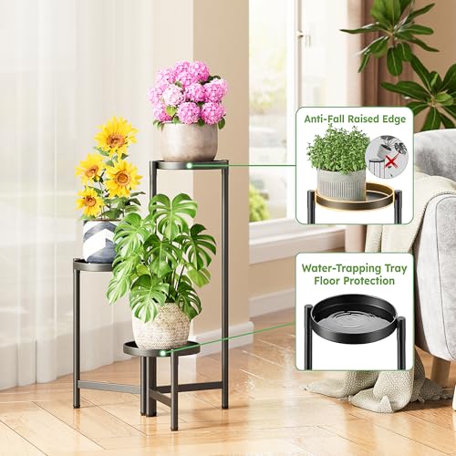 3 Tier Large Plant Stand Indoor with 7.9 Inch Wide Tray, Tiered Corner Metal Outdoor Flower Holder Stand, Folding Tall Rack for Display Shelf for Patio Porch Balcony - BlackDisk - color: BlackDisk, size: 3-tiers