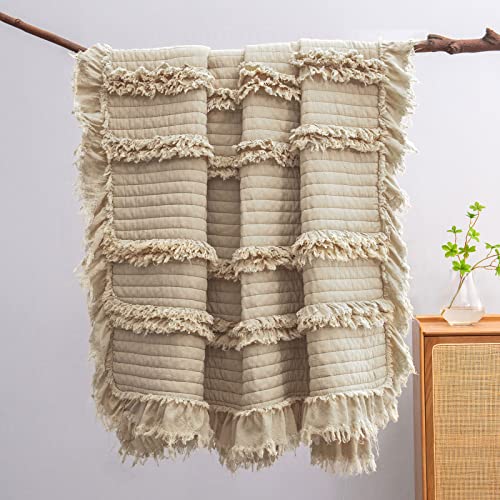 Ultra Soft Pre-Washed Quilted Boho Throw Blanket, Ruffle Fringed Beige Decorative Throw, Stone Washed Chic Rustic Blanket for Sofa Couch Bed Chair, 50"x 60" - color: Beige, size: 50"x60"