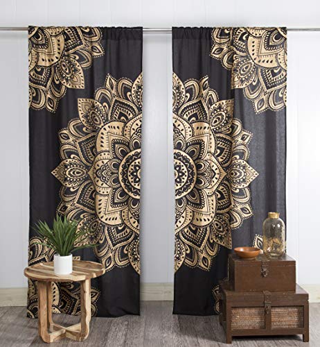 Popular Handicrafts Indian Hippie Bohemian Beautiful Passion Ombre Black Color Mandala Curtain Panels Gold - color: Black Gold_f, size: 38"W x 83"L (Pack of 2)