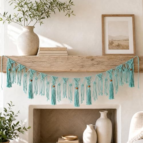 Garland Banner, Macrame Wall Hanging Decor, Boho Fringe Tassel Hanger Decoration for wall/Desk/Party/Room/Doorway/Window 55“X 12" (Tiffany Blue) - color: Tiffany Blue