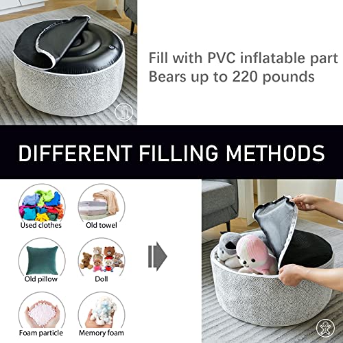 Inflatable Pouf Ottoman, 21x10 Inches Stuffed Chenille Ottoman with Inflatable PVC Liner, Foot Rest with Portable Handle, Round Floor Pillow for Living Room, Bedroom, Kids Room - color: Grey