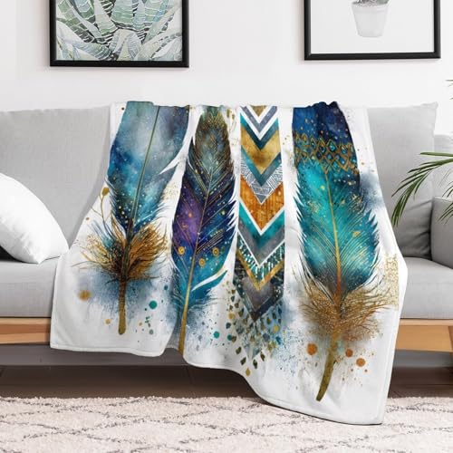 Blanket Feather Pattern Blue Throw Blanket for Women Men, 40"x50" Vintage Watercolor Gold Branch Plush Flannel Throws, Decor for Bed Couch Bedroom - color: Feather Pattern Blue, size: 40"x50"