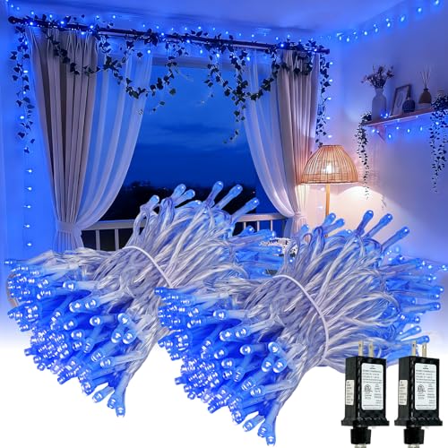 Connectable 2Pack String Lights Indoor, 66FT 200LED String Lights, 13Modes Twinkle Fairy Lights Plug in Outdoor Waterproof, Blue Clear Wire Light for Christmas Tree, Wedding Yard, Party Decor - color: Blue, size: 2PK-200LED