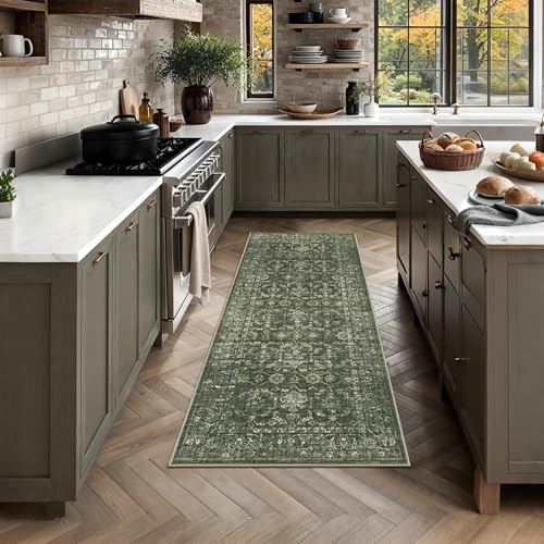 2x5 Green Runner Rug Hallway Washable Area Rugs Kitchen Vintage Boho Non Slip Long Rug Floral Carpet Indoor Retro Soft Low Pile Throw Rug for Bedroom Bathroom Laundry Dining Living Room Office - color: Dark Green, size: 2' x 5' (Runner)