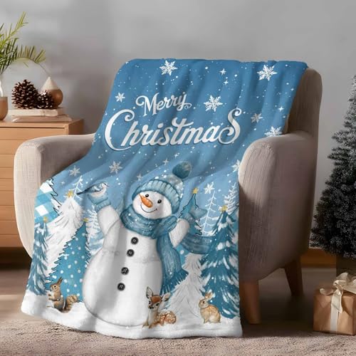 Christmas Throw Blankets, Blue Snowman Soft Fleece Blanket Decorative for Home Sofa Couch Chair Living Bedroom Dorm,40x50 Inches, Merry Christmas Tree Squirrel Deer - color: Christmas-blue Snowman, size: 40x50 Inch