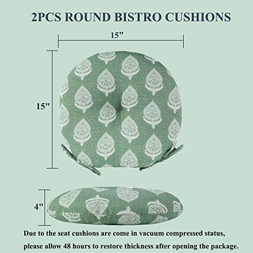 FUNHOME 15"x15"x4" Bistro Chair Cushion Set of 2, Water Repellent Round Outdoor Chair Cushions with Ties, Patio Tufted Chair Pads for Home Garden (Fair Green) - color: Fair Green
