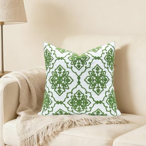 Slow Cow Embroidery Decorative Throw Pillow Cover for Couch Modern Bohemian Flower Accent Pillowcase Cushion Cover 18 X 18 Inches Green - color: Green Bohemian Flower, size: 18" x 18" (Pack of 1)