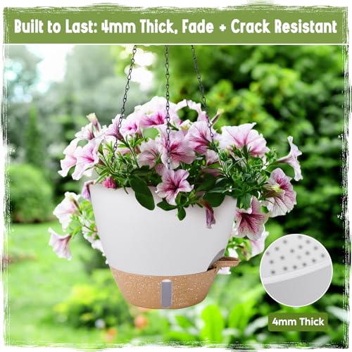 Self-Watering Hanging Planters with Water Level Window, 8/10 Inch Indoor Outdoor Hanging Plant Pots Includes Chain Hangers with Drainage Holes & Detachable Reservoir (White, 8+10 inch) - color: White