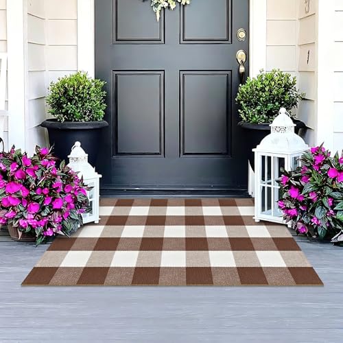 Buffalo Plaid Outdoor Rug 2.3 x 3.6 Ft Brown and White Checkered Rug Cotton Buffalo Plaid Rug Front Door Mat for Front Porch Farmhouse Entryway - color: Brown and White, size: 2.3‘×3.6’