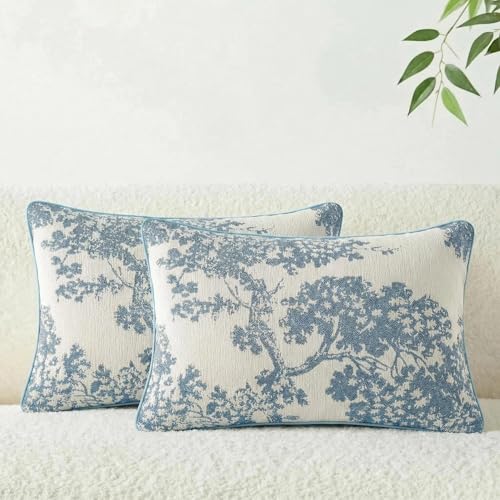 Mantle & Mason Floral 12x20 Lumbar Pillow Covers Set of 2, French Vintage Woven Jacquard Decorative Accent Pillow Cases for Couch, 430GSM Thick Chenille & Luxury Velvet, Blue - color: Tree Pattern Blue, size: 20" x 12" (Pack of 2)