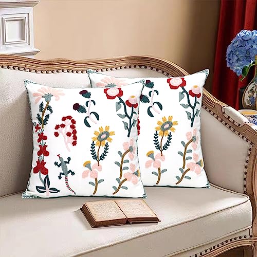 Pack of 2 Embroidered Decorative Throw Pillow Cover 18x18 Inch Farmhouse Floral Pillowcase for Living Room Sofa Bed (Gecko Floral) - color: Gecko Floral