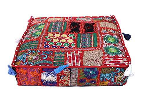 CRAFT KALA Indian Square Patchwork Traditional Pouf Cover Indian Living Room Poufs Decorative Embroidered Designer Ottoman Home Living Footstool Chair Cover Decor Pillow Cover 18x18x5 inches, Red - color: Red, size: 18"D x 18"W x 5"H