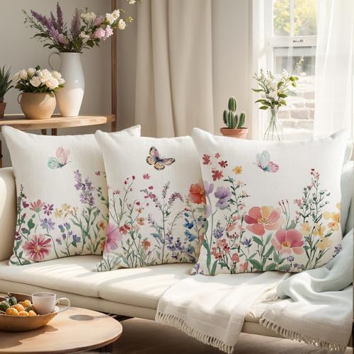 wyooxoo Spring Pillow Covers 16x16 Set of 4 Summer Farmhouse Throw Pillow Covers Floral Butterfly Decorative Cushion Cases for Sofa Couch Patio Bedroom - color: Color O, size: 16" x 16" (Pack of 4)