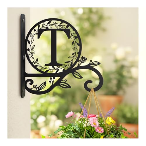 Personalized Initial Metal Plant Hanger Bracket, Decorative Wall Mount Hanging Plant Hook, Monogram Floral Leaf Garden Stake for Hanging Baskets Bird Feeders Lanterns Wind Chime (Custom made) - style: Custom made