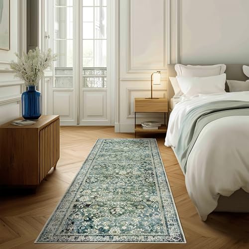 Green Washable Bathroom Hallway Runner Rug with Rubber Backing Non Slip Vintage Boho Floral Long Runners Rugs for Entryway Indoor Laundry Room Bath Floor Kitchen,2x6,24x72 Inch,Dark Emerald and Blue - color: Dark Green, size: 2' x 6' (Rectangular)