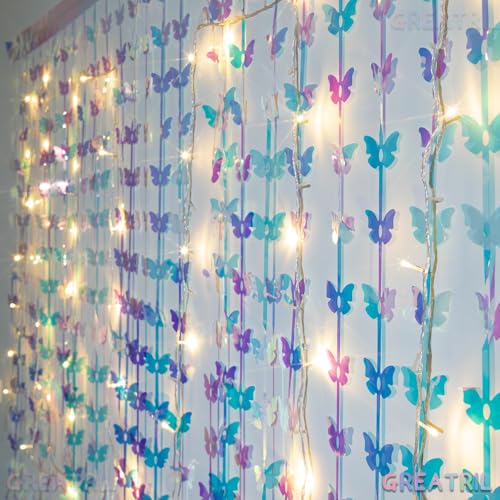 Iridescent Butterfly Fringe Party Backdrop - GREATRIL Fairy Streamers for Butterfly Princess Themed Birthdays Party Decoration - 3.2ft x 6.5ft - 2 Packs - color: Iridescent Butterfly