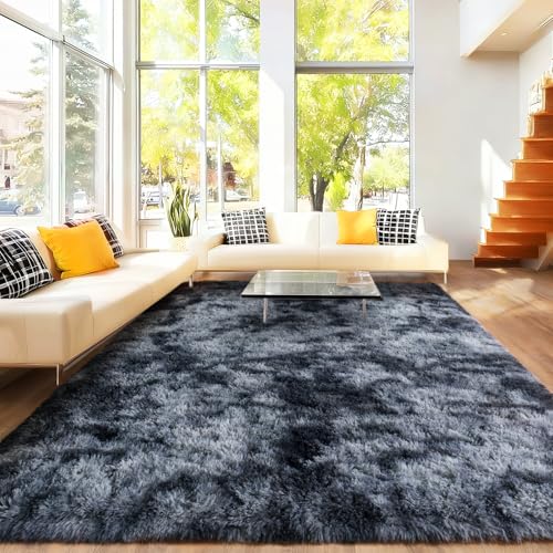 Area Rugs for Living Room Bedroom 9x12, Ultra Fluffy Shag Rug Modern Washable Carpet Soft Shaggy Non Slip Indoor Plush Fuzzy Rugs for Bedroom Dorm Office Home Aesthetic Decor, Tie-Dyed Blue Grey - color: Tie-dye Blue-gray, size: 9' x 12' (Rectangular)