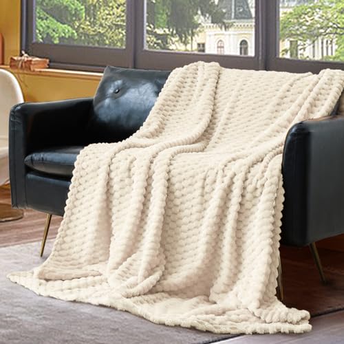Vessia Flannel Fleece Twin Size Blanket(60x80 inch), 3D Jacquard Cream Fuzzy and Warm Blanket for Couch,Sofa,Chair, 300GSM Super Soft Touch Cozy Lightweight Beige Bed Home Decor for All-Season - color: Cream-3d, size: 60x80 inch